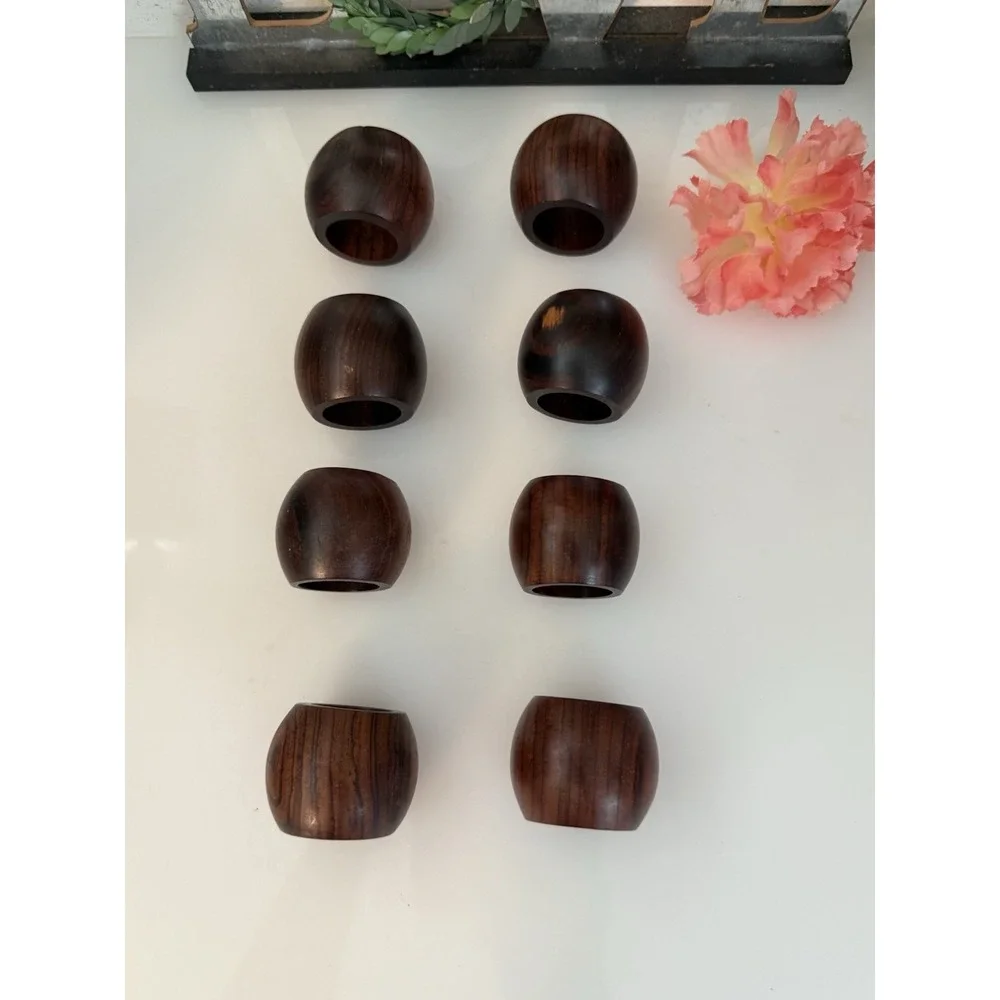 Vintage Lot of 8 Hand Made Brown Wooden Napkin‎ Rings Flat End Boho Decor 2 In